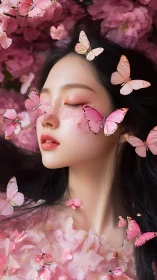 High-fidelity floral portrait with suspended pink butterflies.