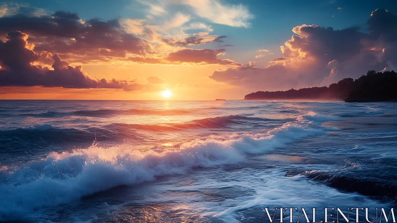 Sunset over ocean waves with clouds and distant headland.