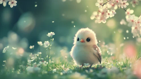 Fluffy spring chick stands under soft blooming blossoms