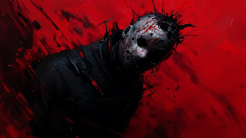 Masked horror figure emerges through violent red chaos backdrop