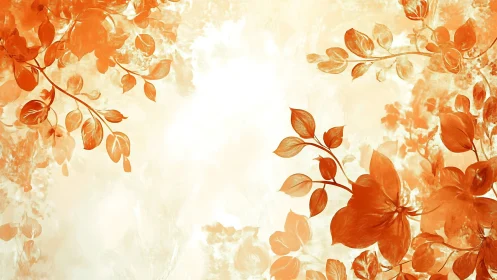 Orange floral foliage on pale abstract gradient background.
