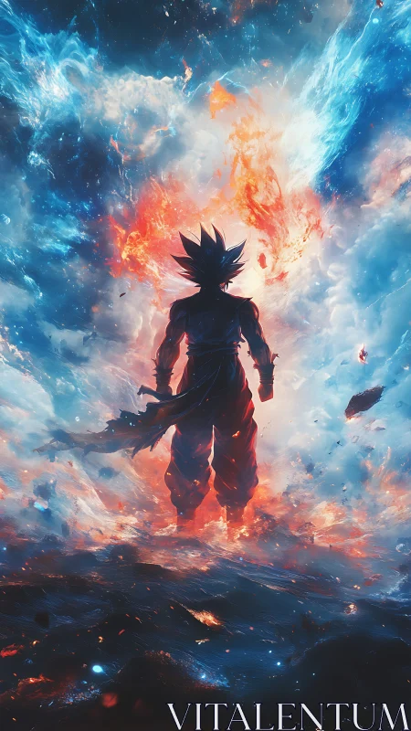 Silhouetted fighter stands amid explosive cosmic energy