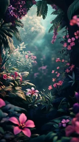 Dense tropical foliage framing diffuse forest opening.