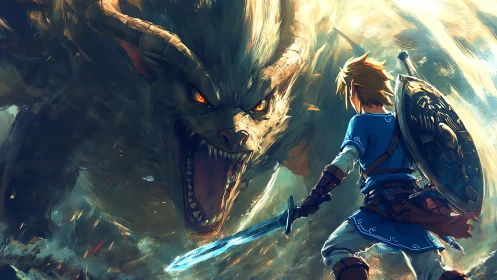 Heroic swordsman confronts roaring dragon in blazing light