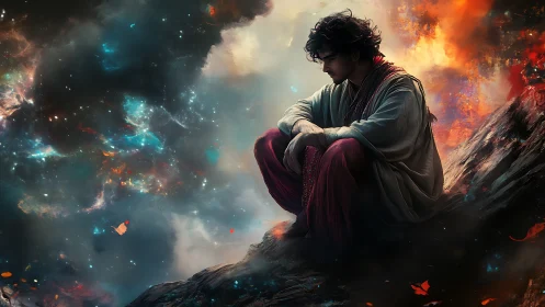 Solitary wanderer contemplates amid swirling cosmic fire.