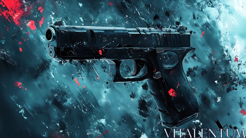 Side-profile semi-automatic pistol rendered in dynamic painterly strokes