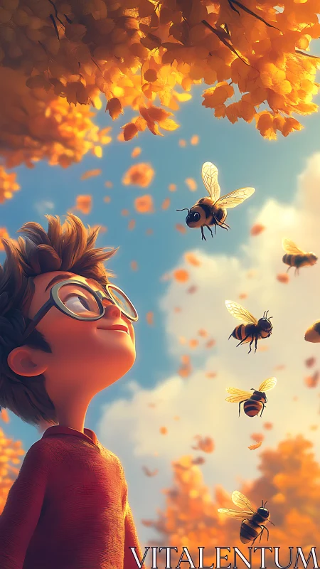 Autumn backlit child observing bees in shallow depth of field scene