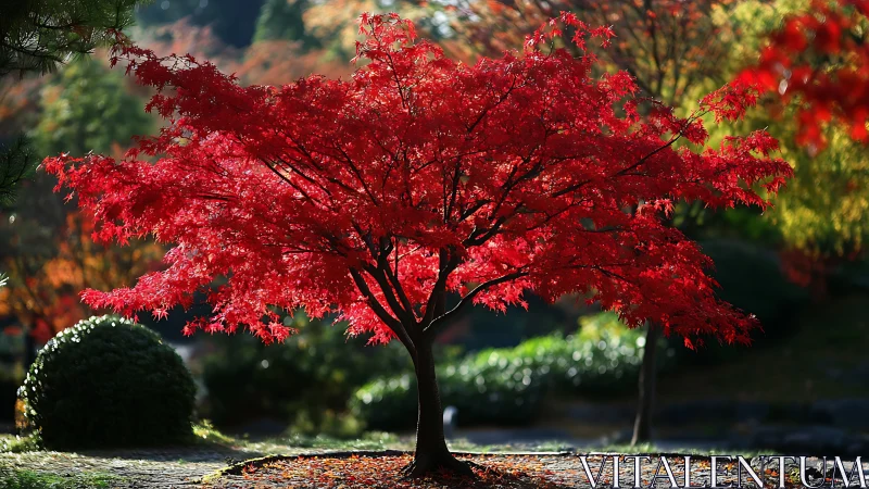 Scarlet maple lantern blazing quietly in a shadowed garden.