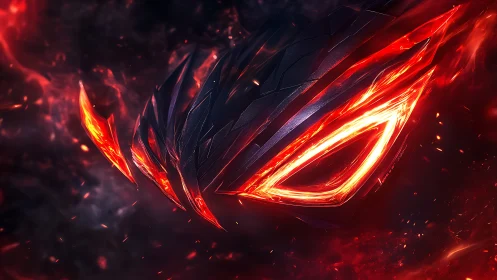 Flaming red angular emblem glows within dark smoky space