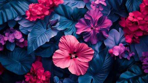 Pink and magenta hibiscus blooms with tropical foliage.