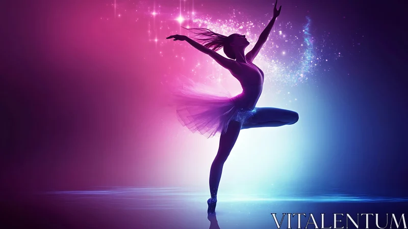Silhouetted ballerina leaps through neon bokeh gradients and light