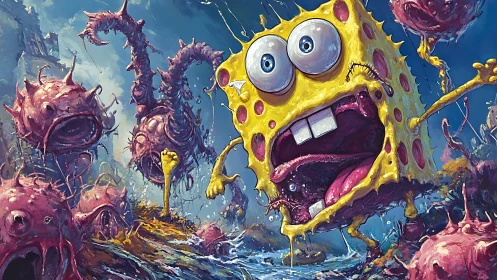 Chaotic cartoon sponge sprints through gooey sea monsters.