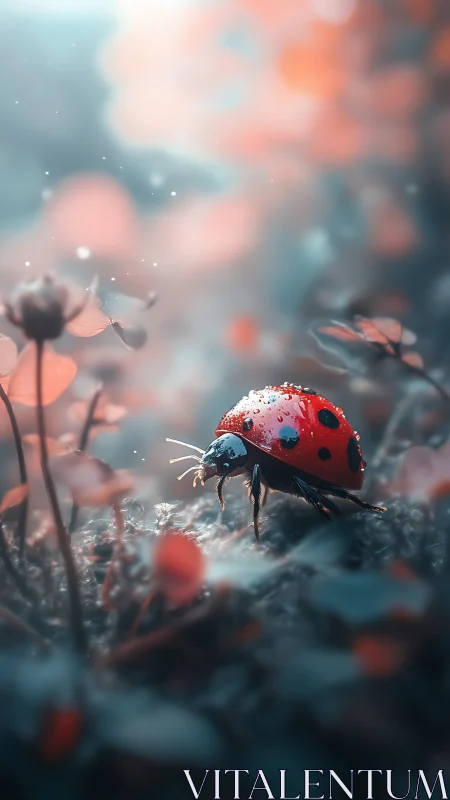 Macro ladybug with dew on moss in pastel bokeh environment.