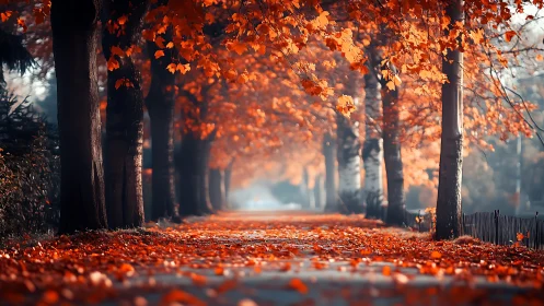 Tree-lined urban pathway covered in fallen autumn leaves.