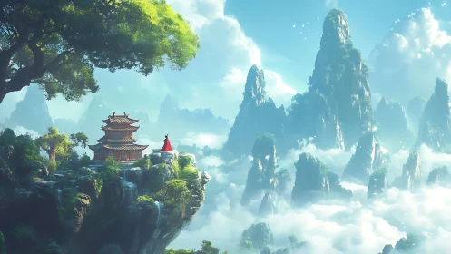 Misty sky mountains welcome a quiet cliffside temple watcher