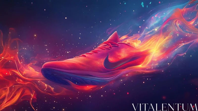 Luminous motion trail wraps dynamic neon running shoe in space