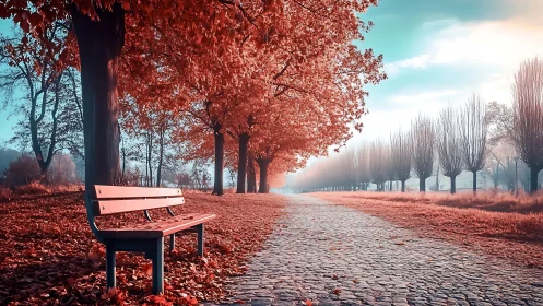 Autumn bench beside cobblestone path under scarlet trees.