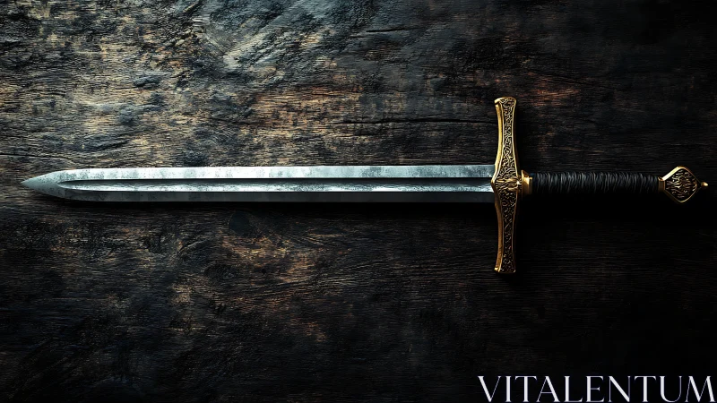 Medieval style sword with ornate hilt on dark wooden surface.