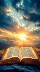 Ancient open Bible catches golden sunrise over horizon.