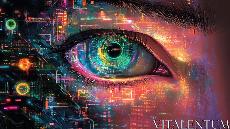 Cybernetic iris interface in neon holographic rendering.