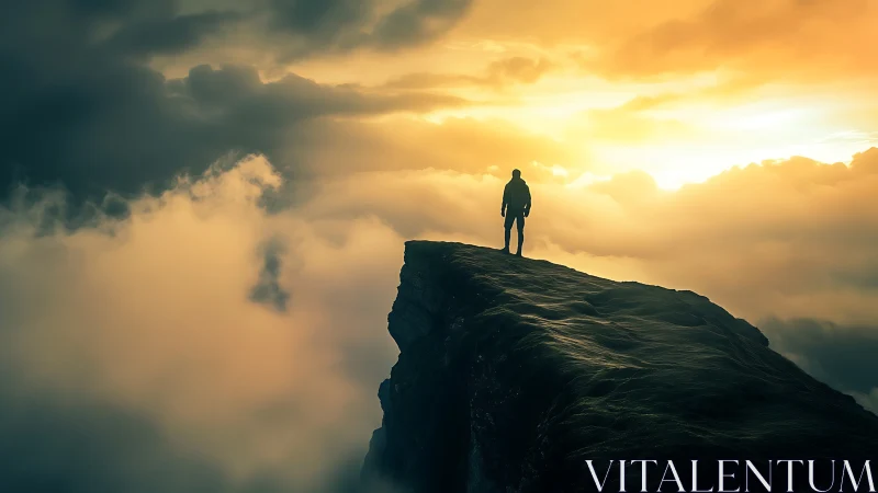 Silhouetted mountaineer on cloud-sheathed ridge at golden hour.