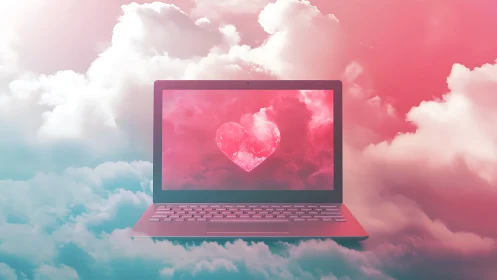 Pink Laptop Positioned in Surreal Cloud Environment with Romantic Heart Display