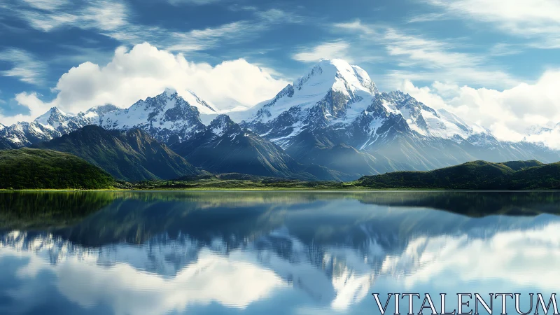 Snowcapped mountain range reflects cleanly in still lake
