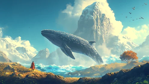 Colossal levitating whale arcs above alpine surf and wanderer
