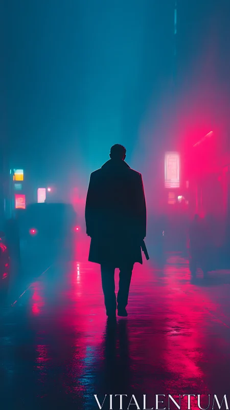 Silhouette of lone pedestrian in neon lit urban street at night.