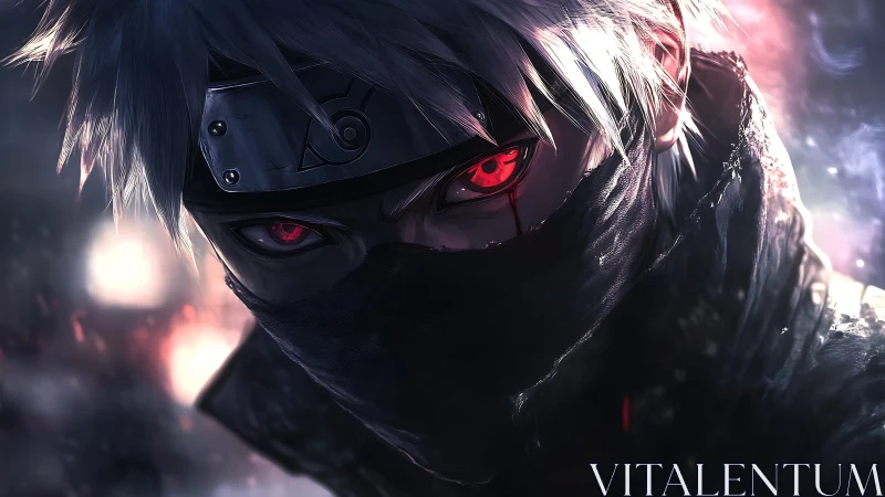 Silver haired masked shinobi with glowing crimson cyber eye.