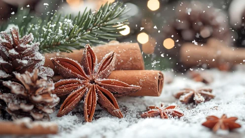 Cozy winter spices resting beneath soft falling snow.