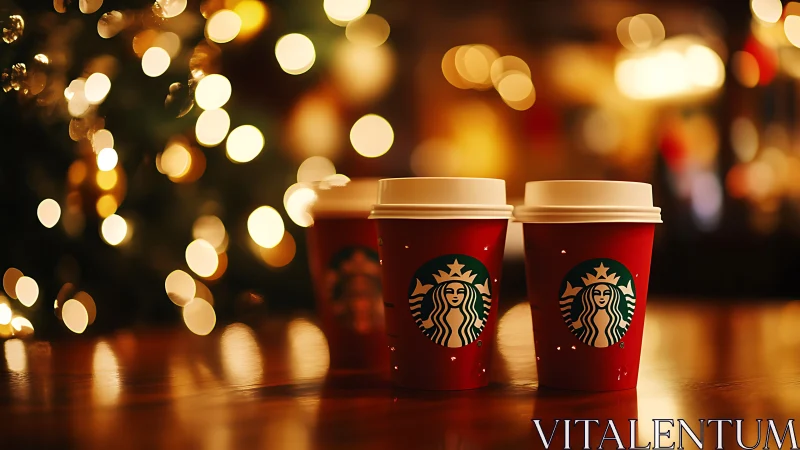Holiday coffee cups glow amid warm festive bokeh lights.