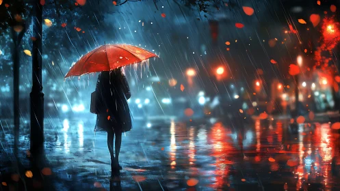 Red umbrella glow in a rainy city of blurred lights.
