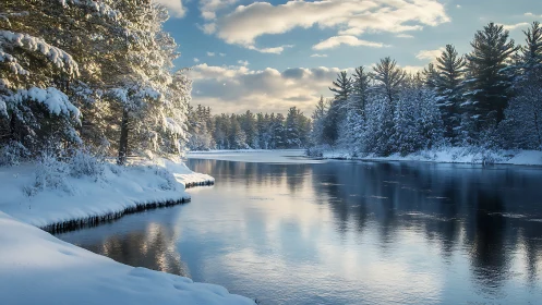 Snow-laden conifer riverbank in low-angle winter illumination.