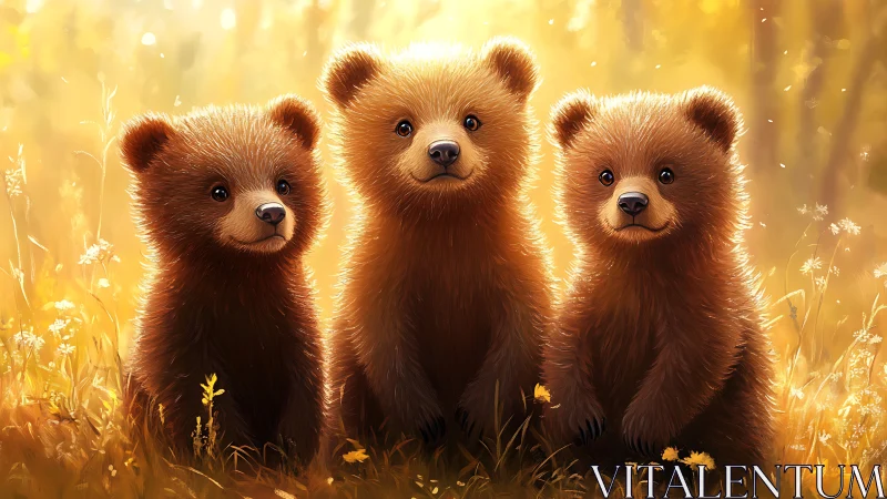 Three bear cubs in sunlit meadow with warm backlighting.
