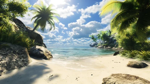 Tropical Paradise Beach with Palm Framed Lagoon.