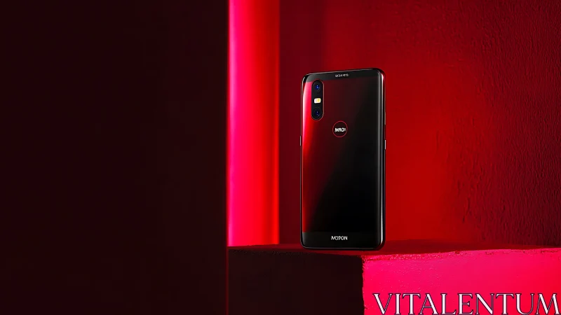 Black smartphone on red pedestal in bold studio lighting.