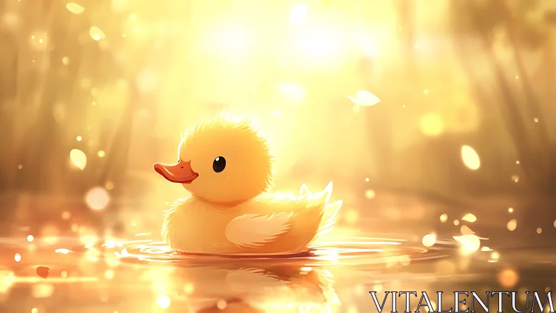 Golden duckling drifts through glowing sunlit water.