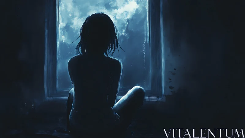 Silhouetted girl sits at moonlit window in quiet night
