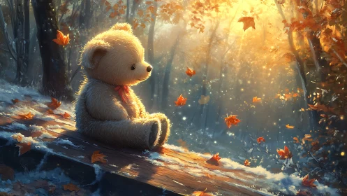 Teddy bear on log in glowing autumn forest light.