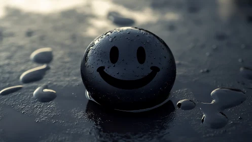Glossy black smiley sphere on wet reflective surface.