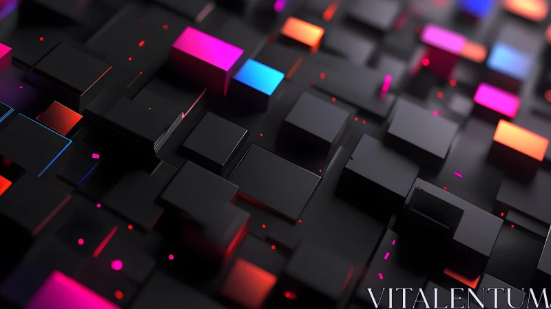 Futuristic black cubes with neon lights in digital 3D abstract style.