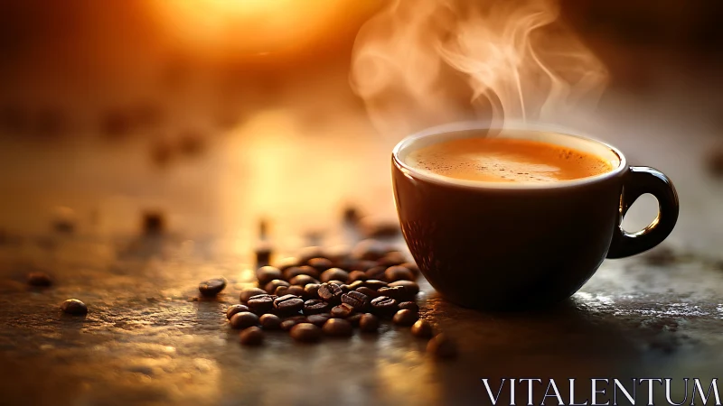 Steaming espresso cup with scattered roasted beans at sunrise