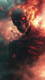 Flaming skeletal figure with molten ribs in smoke-filled sky.