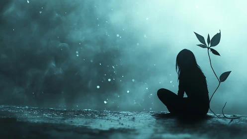 Silhouetted girl with growing plant in misty blue scene.