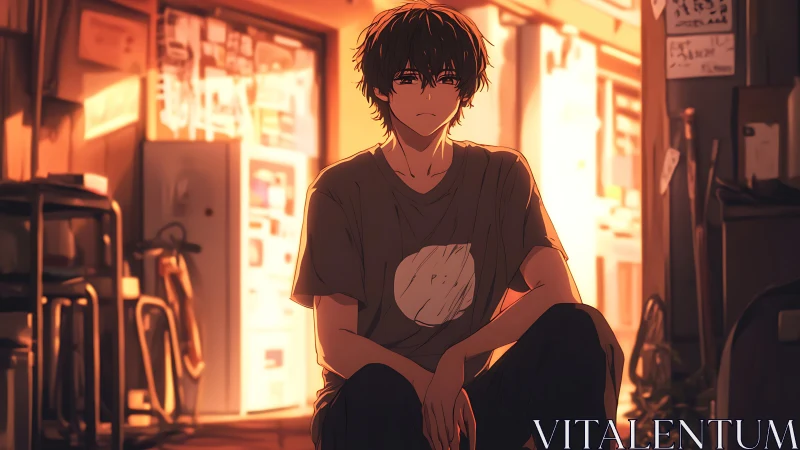 Teen boy sits in cluttered alley during warm sunset light