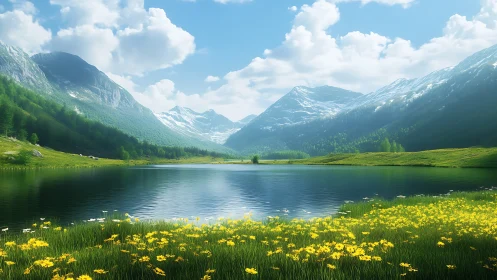 Mountain lake with alpine meadow under partly cloudy sky.