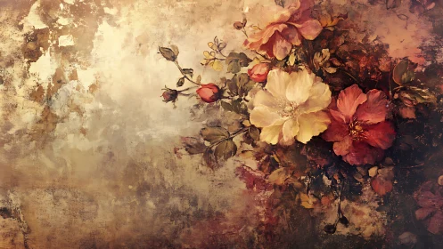 Vintage Roses Decay. Weathered Floral Study Against Crumbling Texture.