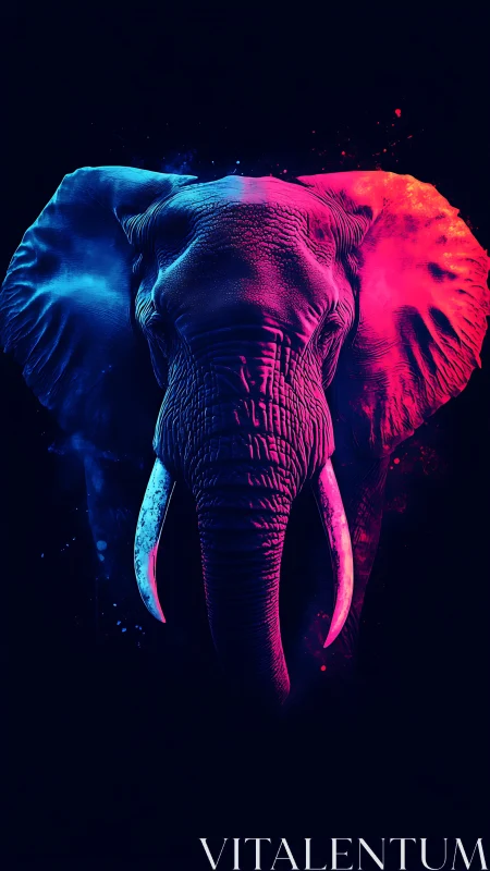 Neon-lit elephant portrait glows in vibrant dual-color contrast