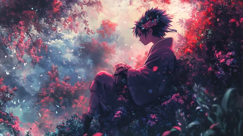 Solitary anime figure in floral forest bathed in sunset light.